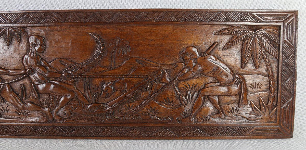 Paire De Bas-relief En Bois Sculptés " La Chasse Au Sanglier Et Crocodile ", XXe-photo-3