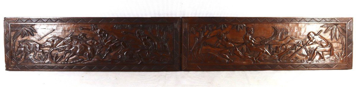 Pair Of Carved Wooden Bas-reliefs "wild Boar And Crocodile Hunting", 20th Century