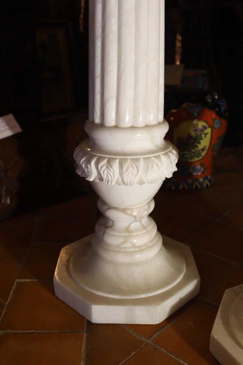 Paire De Colonnes En Albâtre Blanc, XXe-photo-1