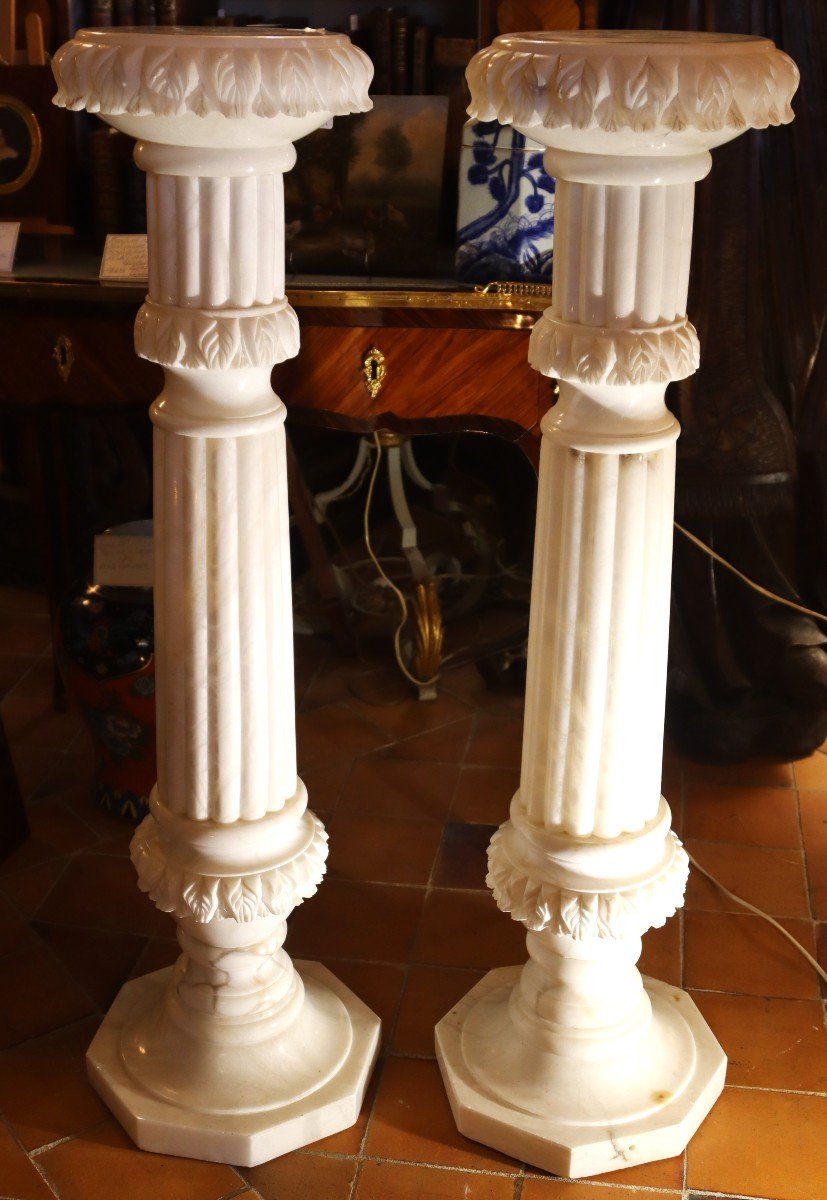 Paire De Colonnes En Albâtre Blanc, XXe-photo-5