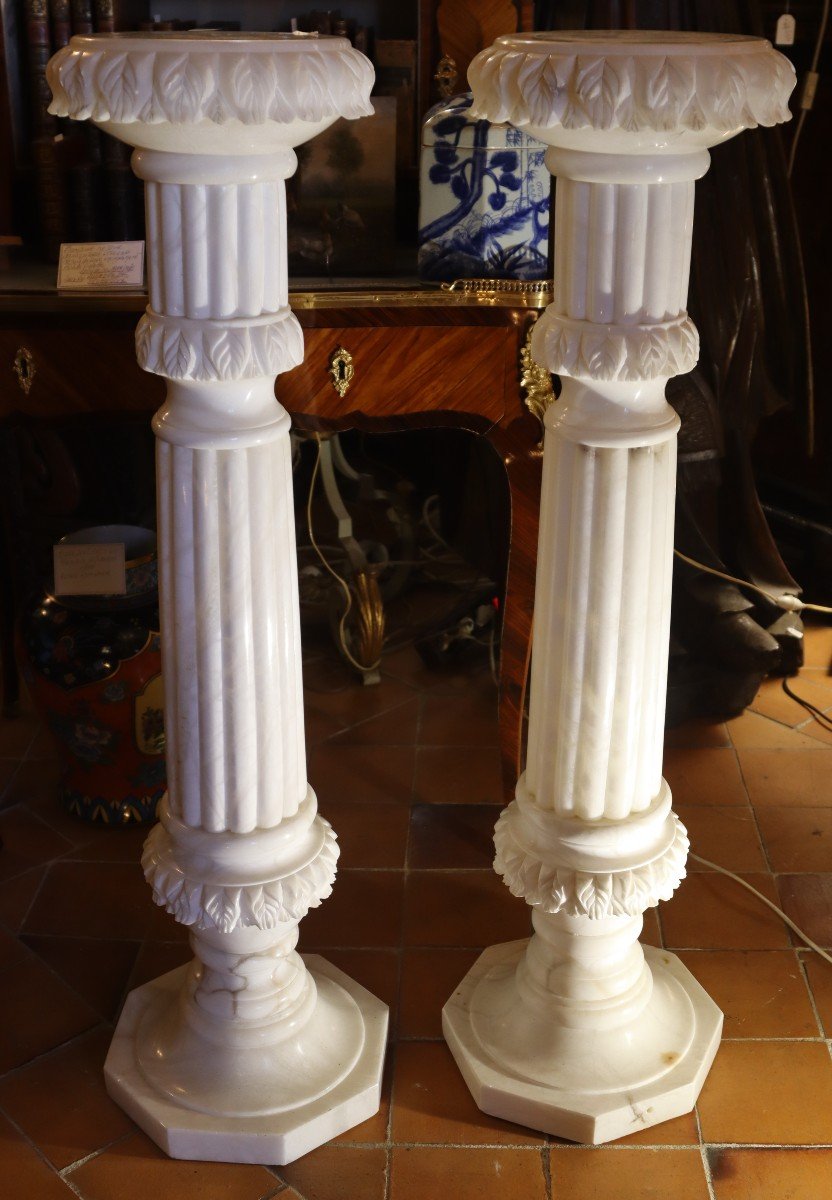 Paire De Colonnes En Albâtre Blanc, XXe-photo-6