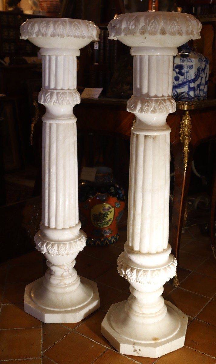 Paire De Colonnes En Albâtre Blanc, XXe-photo-8