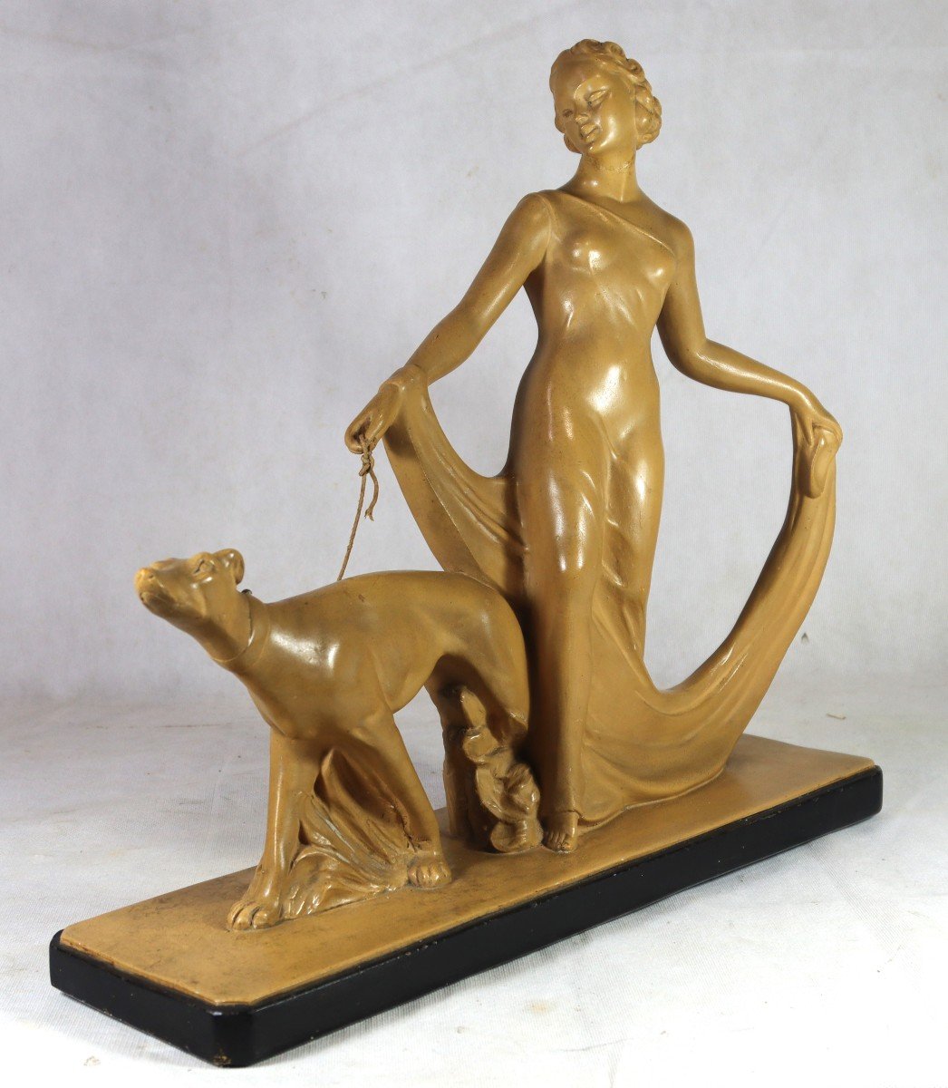 Salvatore Melani (1902-1934) Sculpture " Femme Et Son Lévrier ", XXe-photo-2