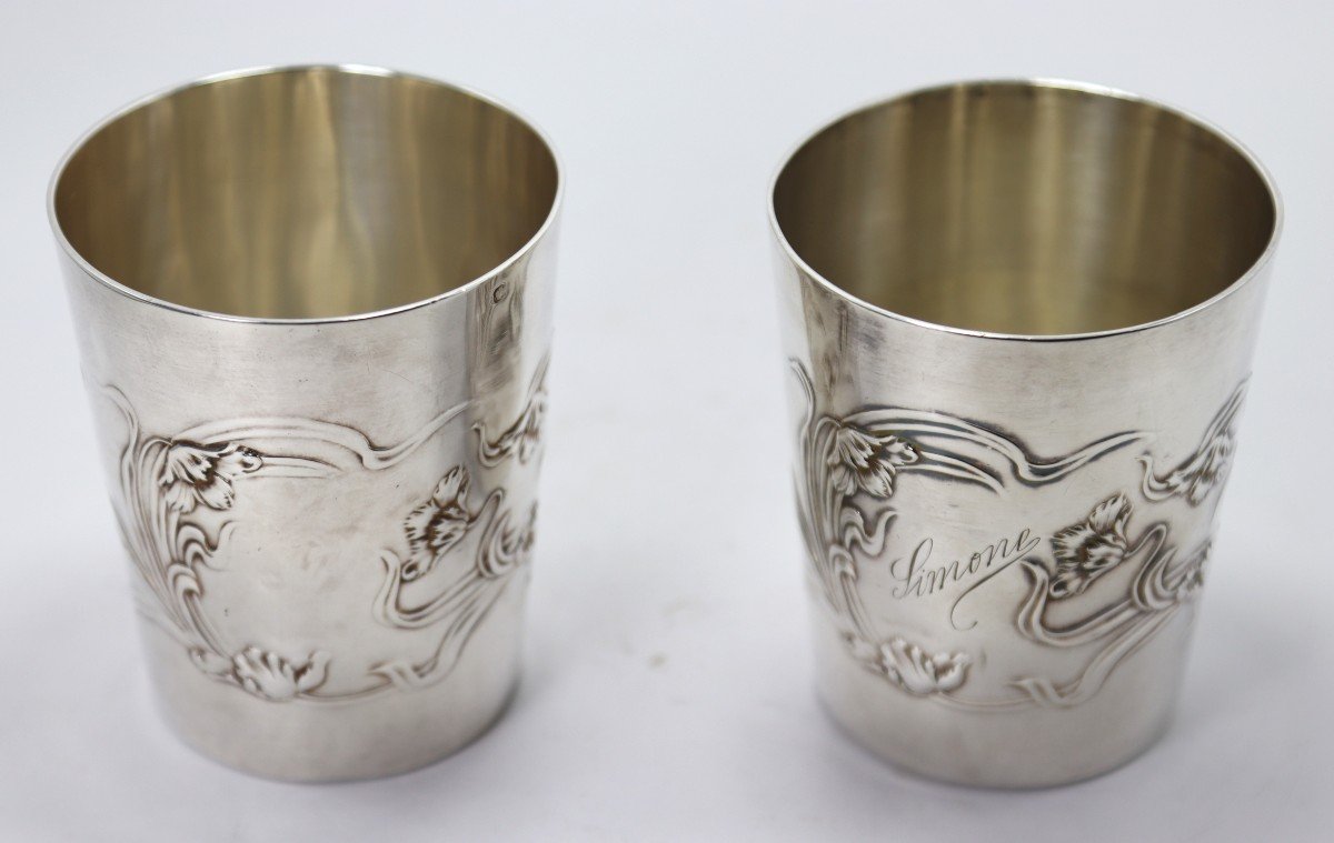 Goldsmith Boulenger, Pair Of Art Nouveau Silver Cups, Circa 1900-photo-2