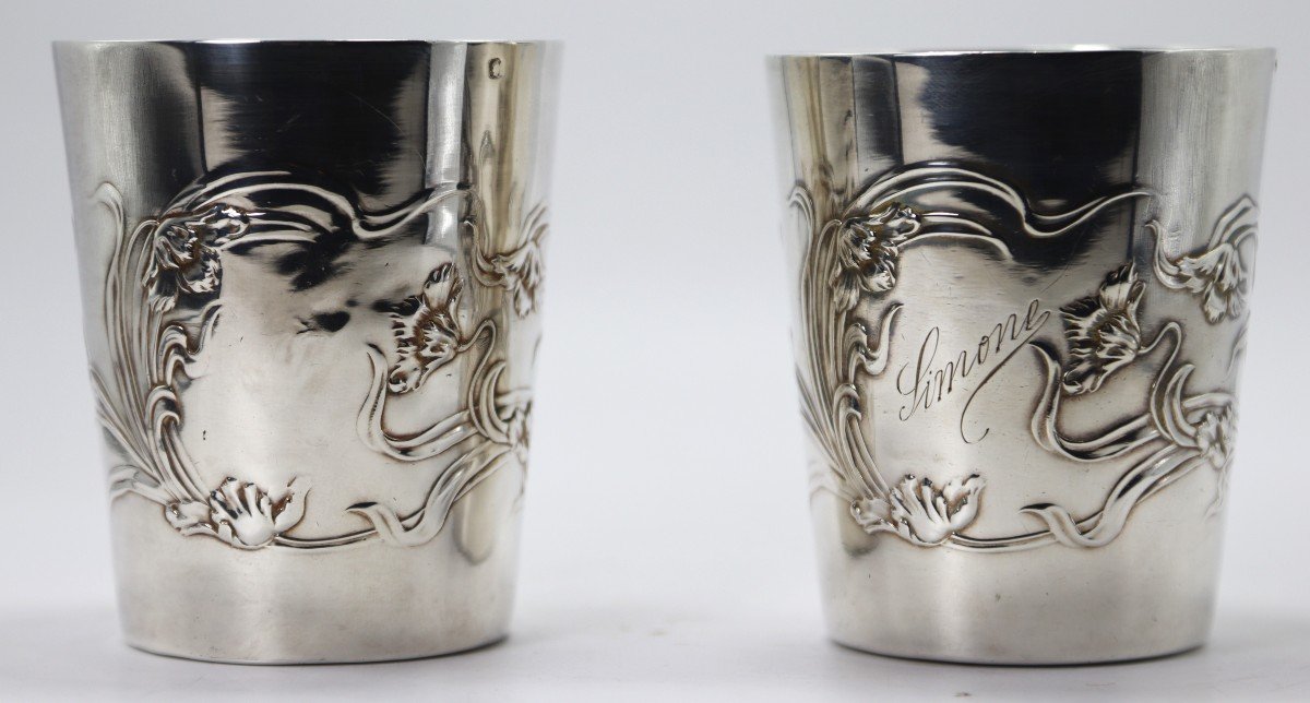 Goldsmith Boulenger, Pair Of Art Nouveau Silver Cups, Circa 1900-photo-3