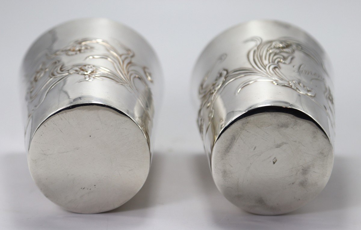 Goldsmith Boulenger, Pair Of Art Nouveau Silver Cups, Circa 1900-photo-3