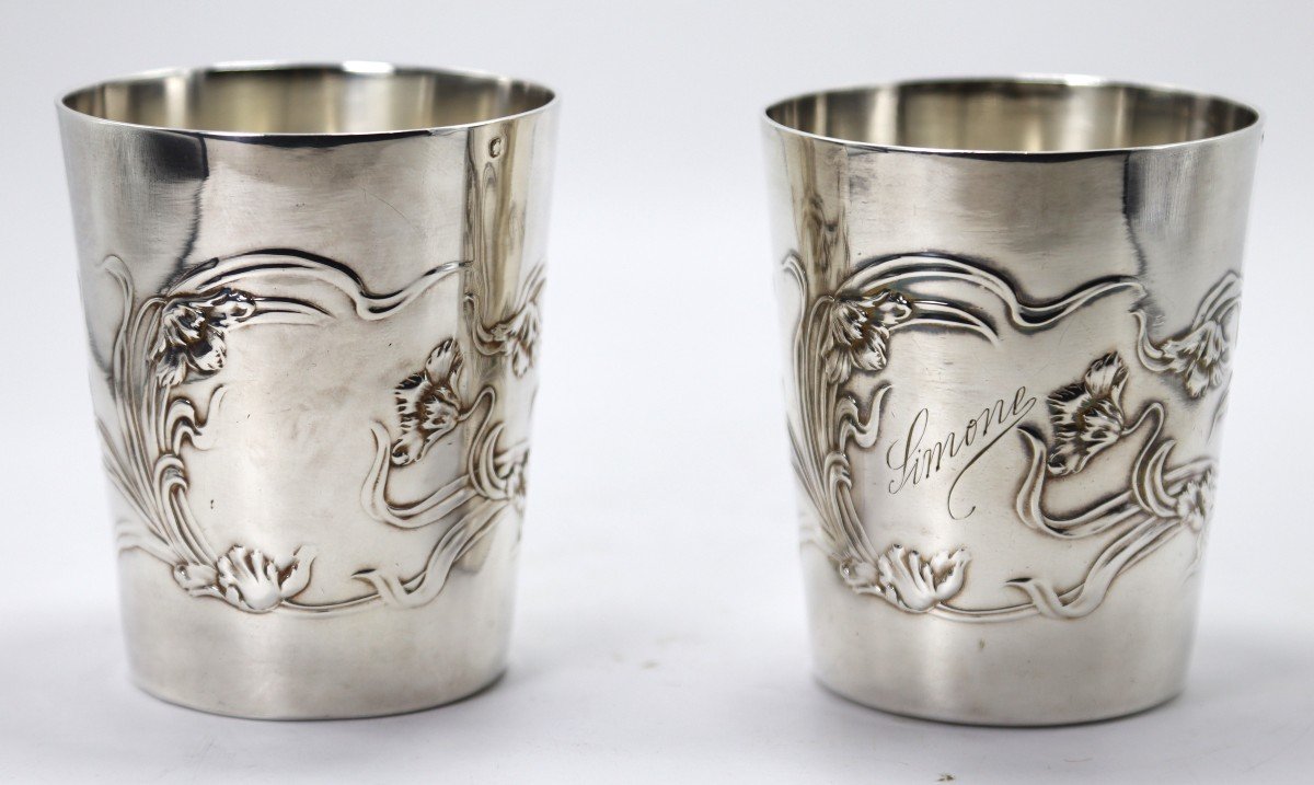 Goldsmith Boulenger, Pair Of Art Nouveau Silver Cups, Circa 1900