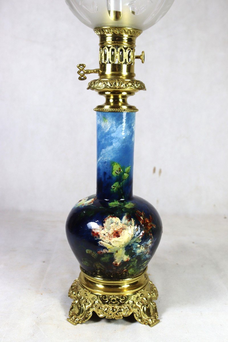 Montigny Sur Loing, Oil Lamp Known As Impressionist Barbotine, Signed, 20th Century-photo-2