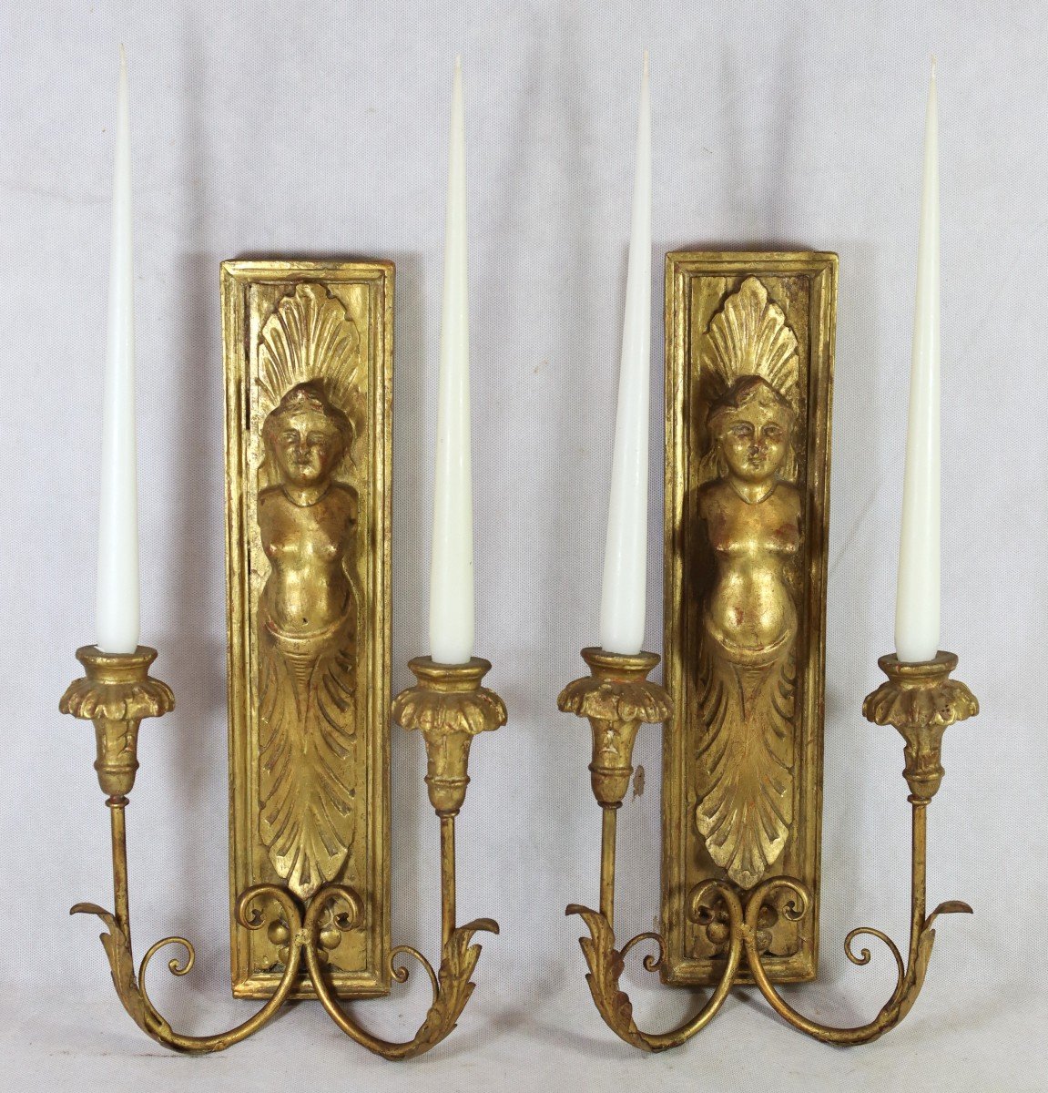 Pair Of Gilded Wood Wall Lights "female Bust", Late 18th Century