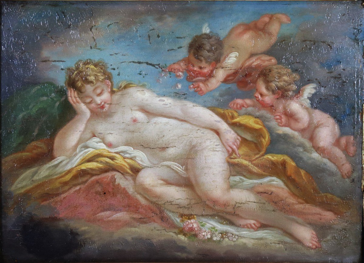 Suiveur De François Boucher (1703-1770), Hsp " Vénus Endormie Et Deux Amours ", XVIIIe-photo-2