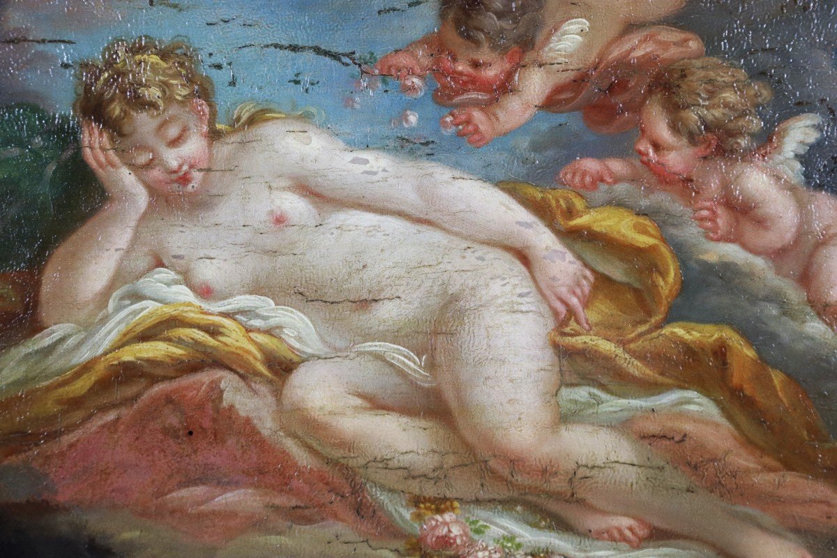 Suiveur De François Boucher (1703-1770), Hsp " Vénus Endormie Et Deux Amours ", XVIIIe-photo-4