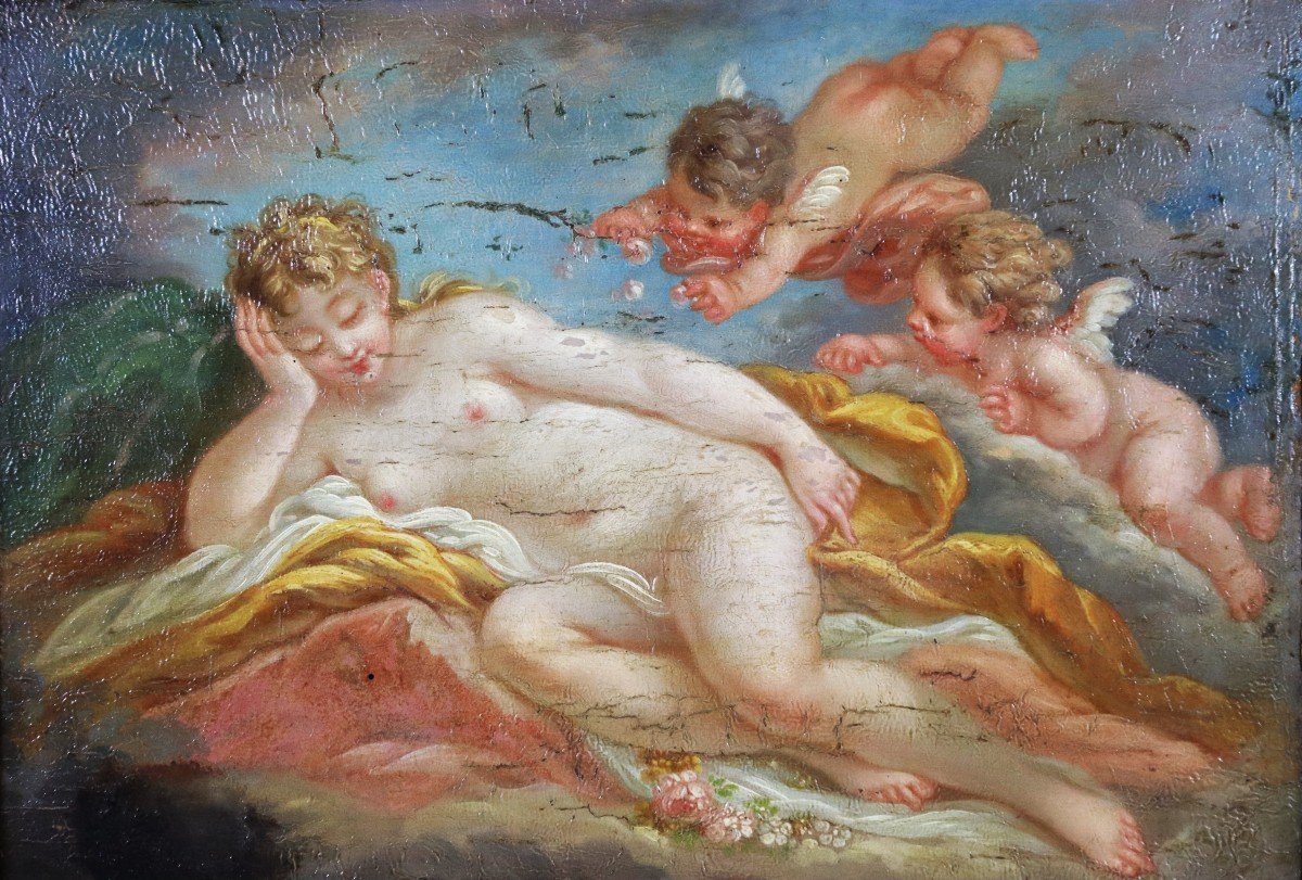 Suiveur De François Boucher (1703-1770), Hsp " Vénus Endormie Et Deux Amours ", XVIIIe-photo-5