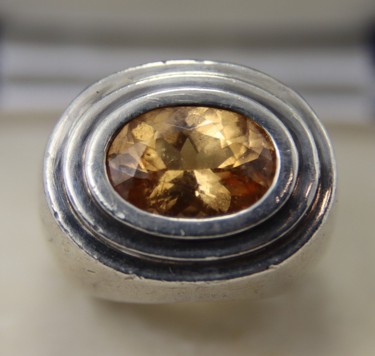 Chevalière En Argent Et Citrine, Orfèvre E.t, 1950-photo-2