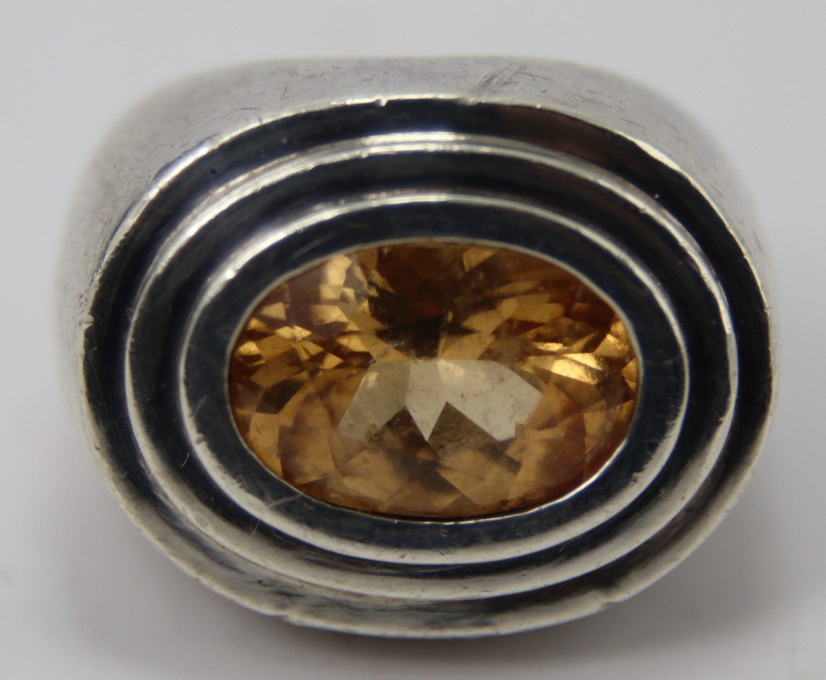 Chevalière En Argent Et Citrine, Orfèvre E.t, 1950-photo-4