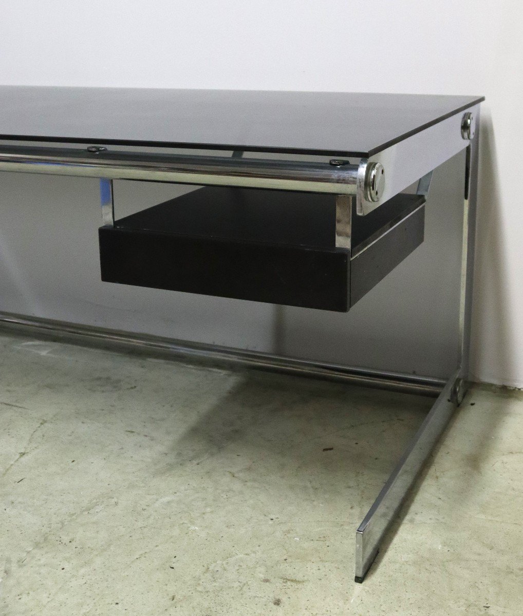 Gilles Bouchez (born In 1940), Chromed Metal Desk And Glass Top. Ed Airborne Circa 1970-photo-3