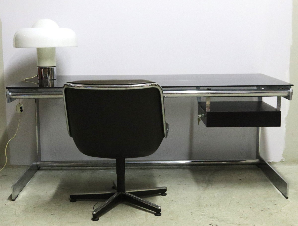 Gilles Bouchez (born In 1940), Chromed Metal Desk And Glass Top. Ed Airborne Circa 1970-photo-3