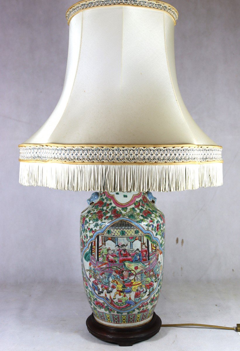 Grand Vase Monté En Lampe, Chine Famille Rose, XIXe