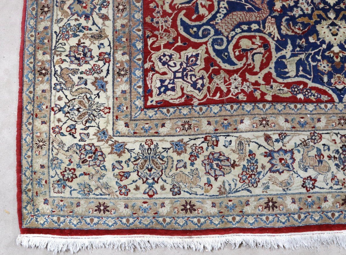 Iran-nain, Wool And Silk Carpet With Floral And Animal Decor, 20th Century-photo-2