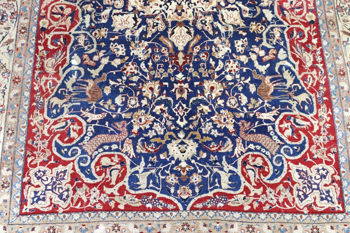 Iran-nain, Wool And Silk Carpet With Floral And Animal Decor, 20th Century-photo-3