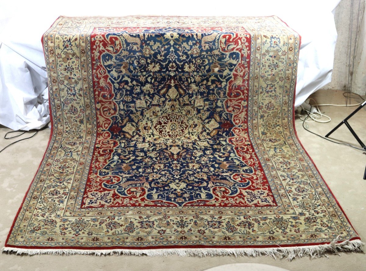 Iran-nain, Tapis Laine Et Soie Décor Floral Et Animaux, XXe