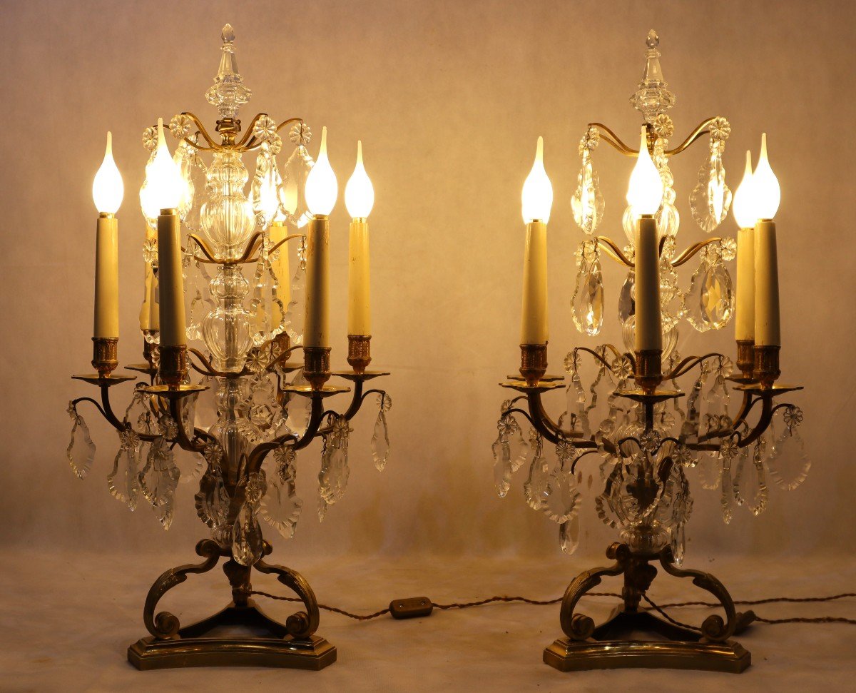 Large Pair Of Bronze And Crystal Girandoles, 19th Century-photo-4