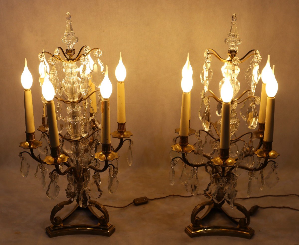 Large Pair Of Bronze And Crystal Girandoles, 19th Century-photo-6