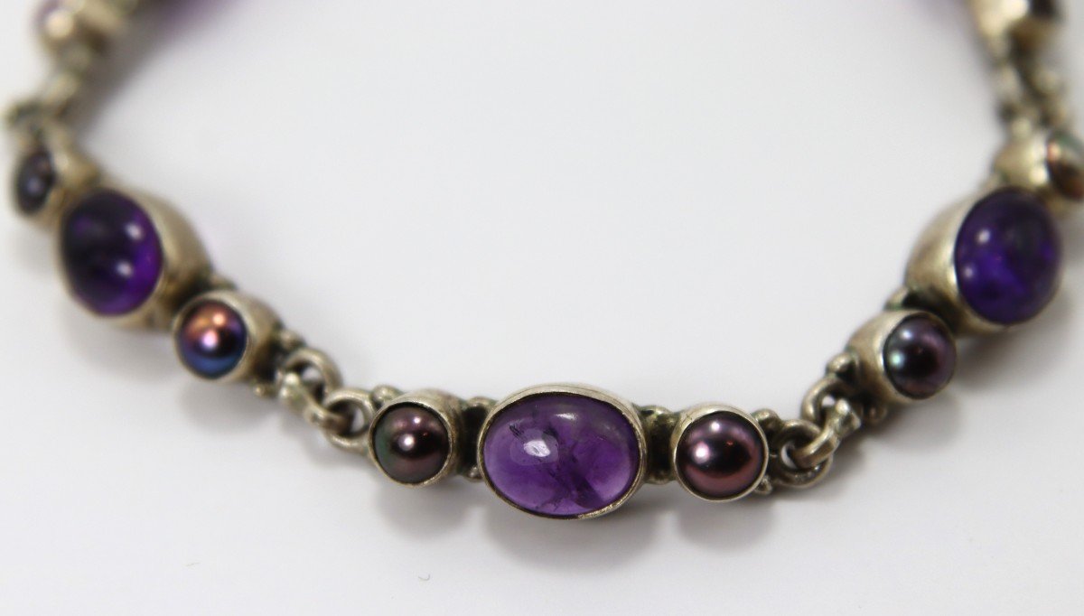 Silver And Amethyst Necklace And Bracelet Set, 20th Century-photo-3