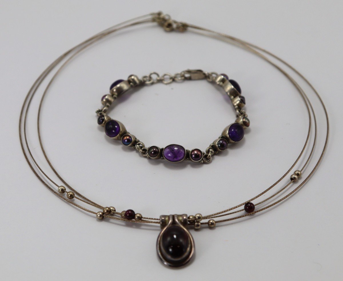 Silver And Amethyst Necklace And Bracelet Set, 20th Century-photo-4