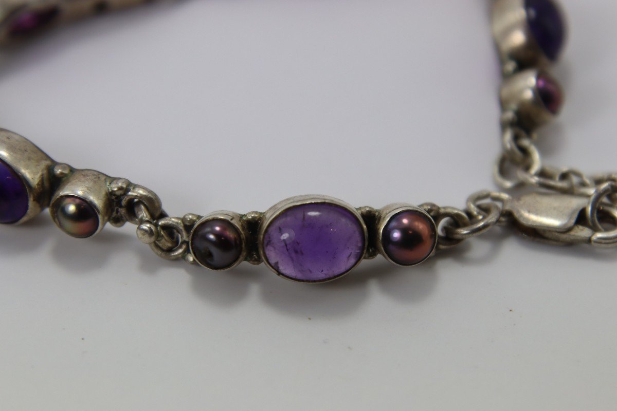 Silver And Amethyst Necklace And Bracelet Set, 20th Century-photo-5