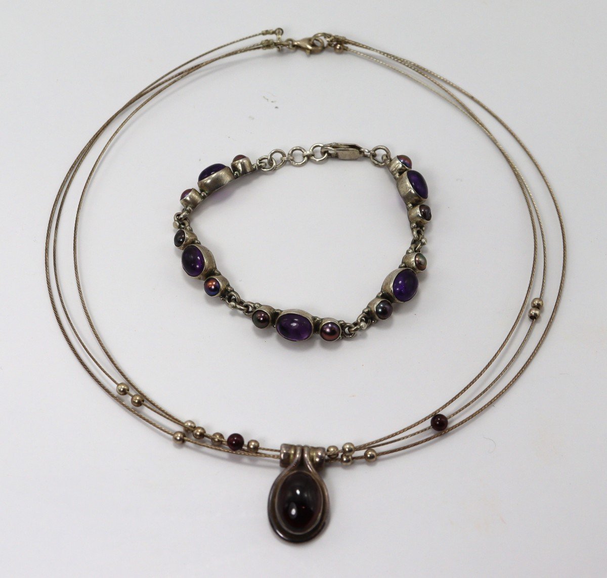 Silver And Amethyst Necklace And Bracelet Set, 20th Century