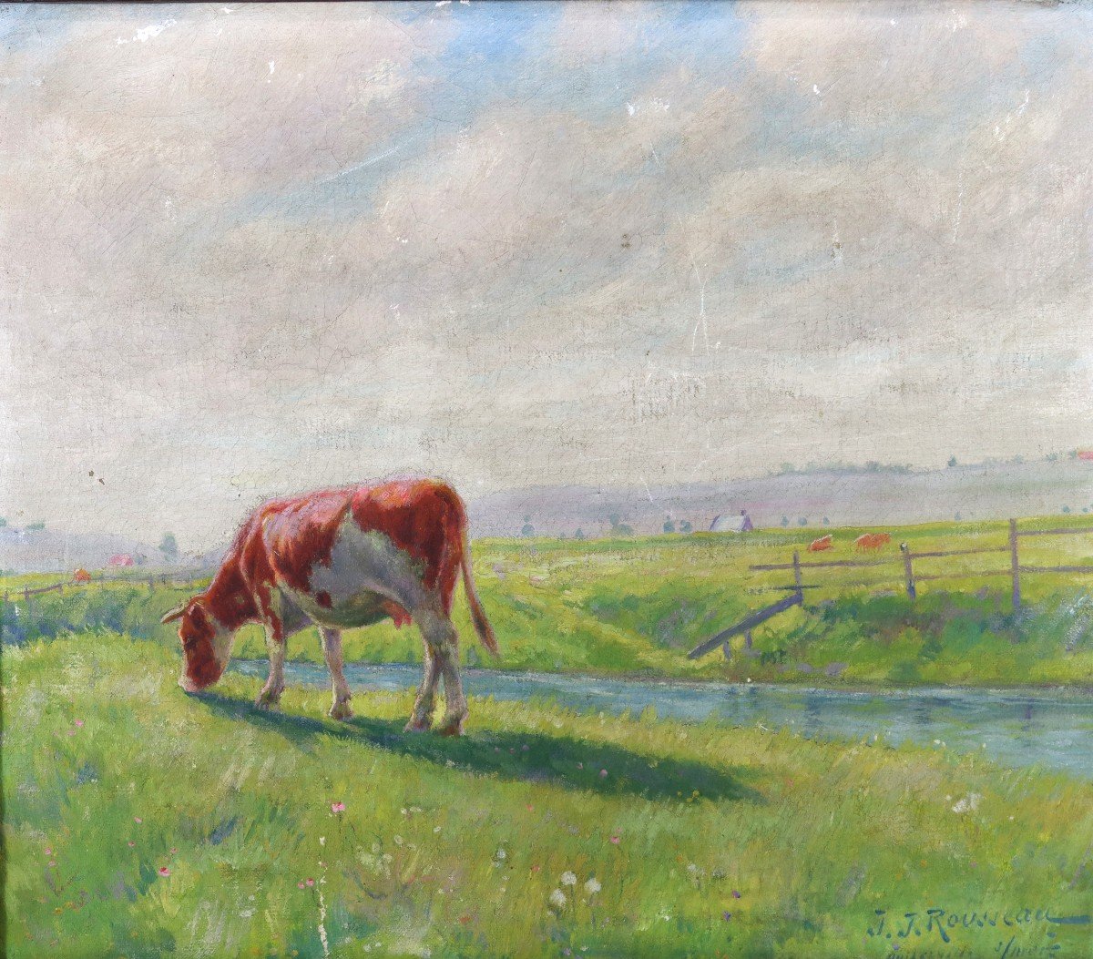 Jean-jacques Rousseau (1861-1911), Hst" Vache Au Près à Quiberville-sur-mer", XIXe-photo-2