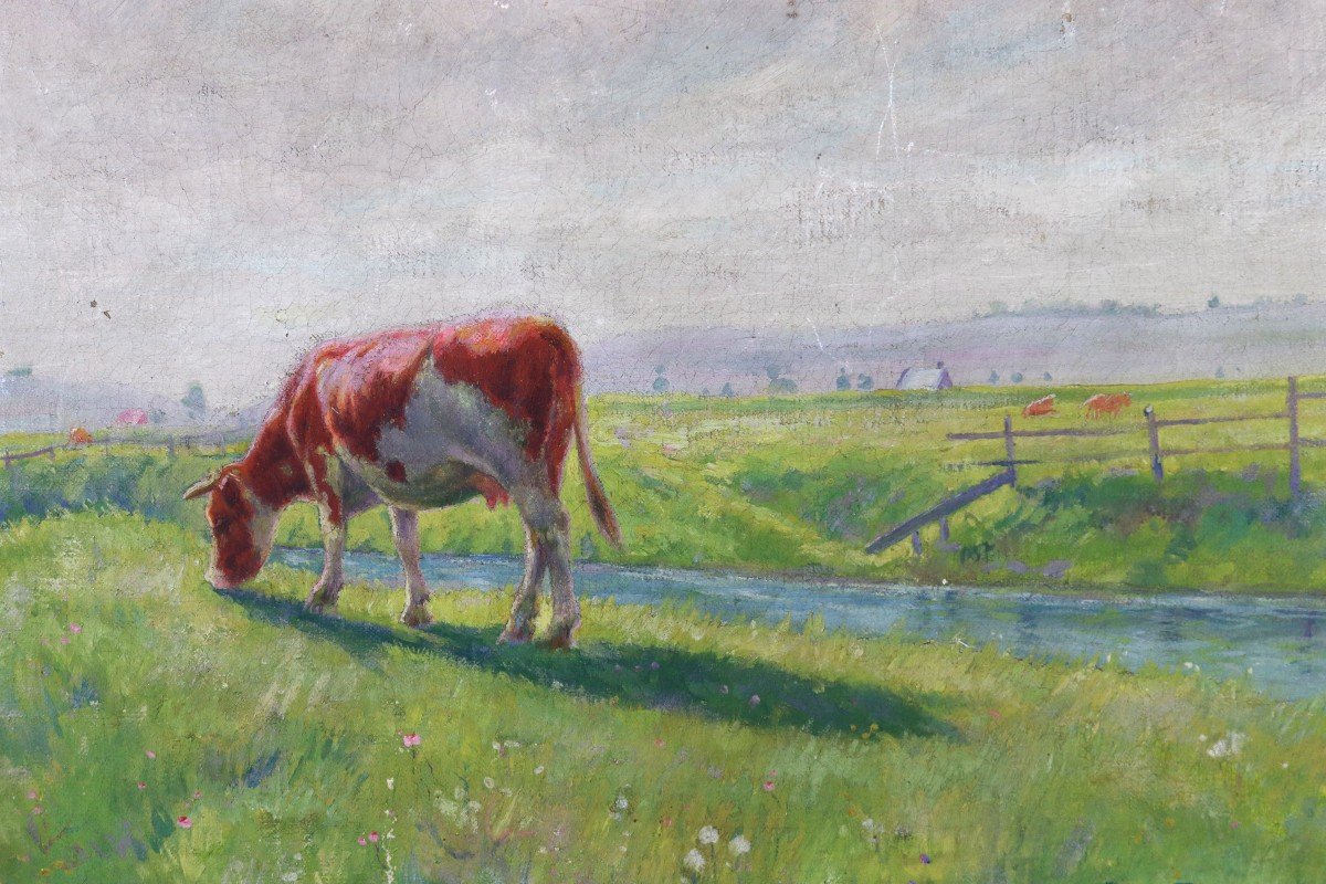 Jean-jacques Rousseau (1861-1911), Hst" Vache Au Près à Quiberville-sur-mer", XIXe-photo-3