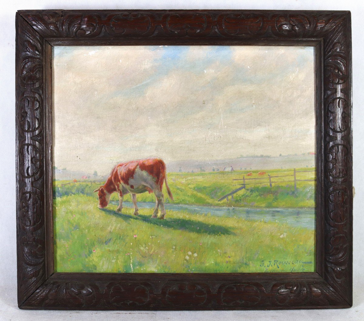 Jean-jacques Rousseau (1861-1911), Hst" Vache Au Près à Quiberville-sur-mer", XIXe