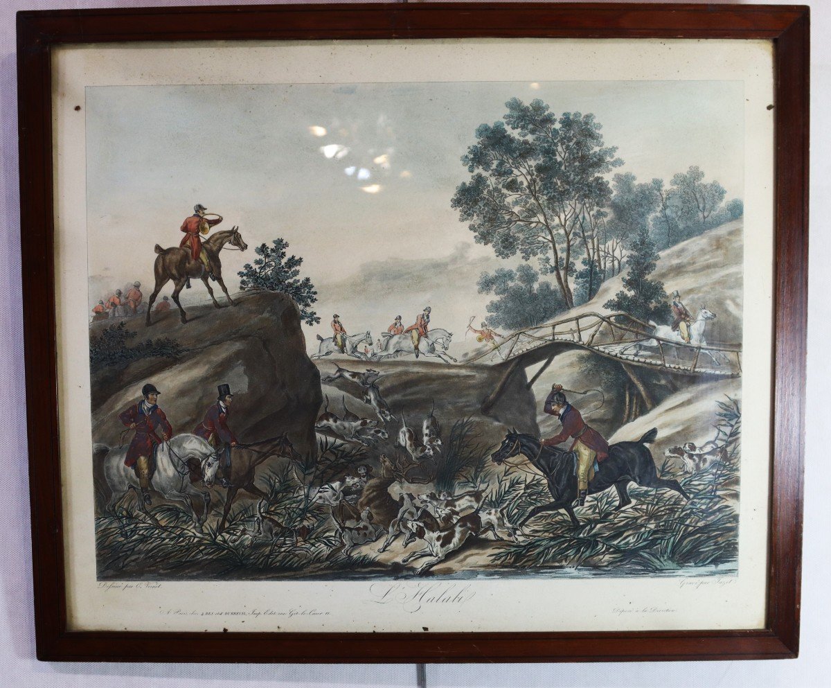 Carl Vernet d'Après  (1758-1838), Gravée Par Jazet " 4 Gravures Rehaussés Chasse à Courre XIXe-photo-2