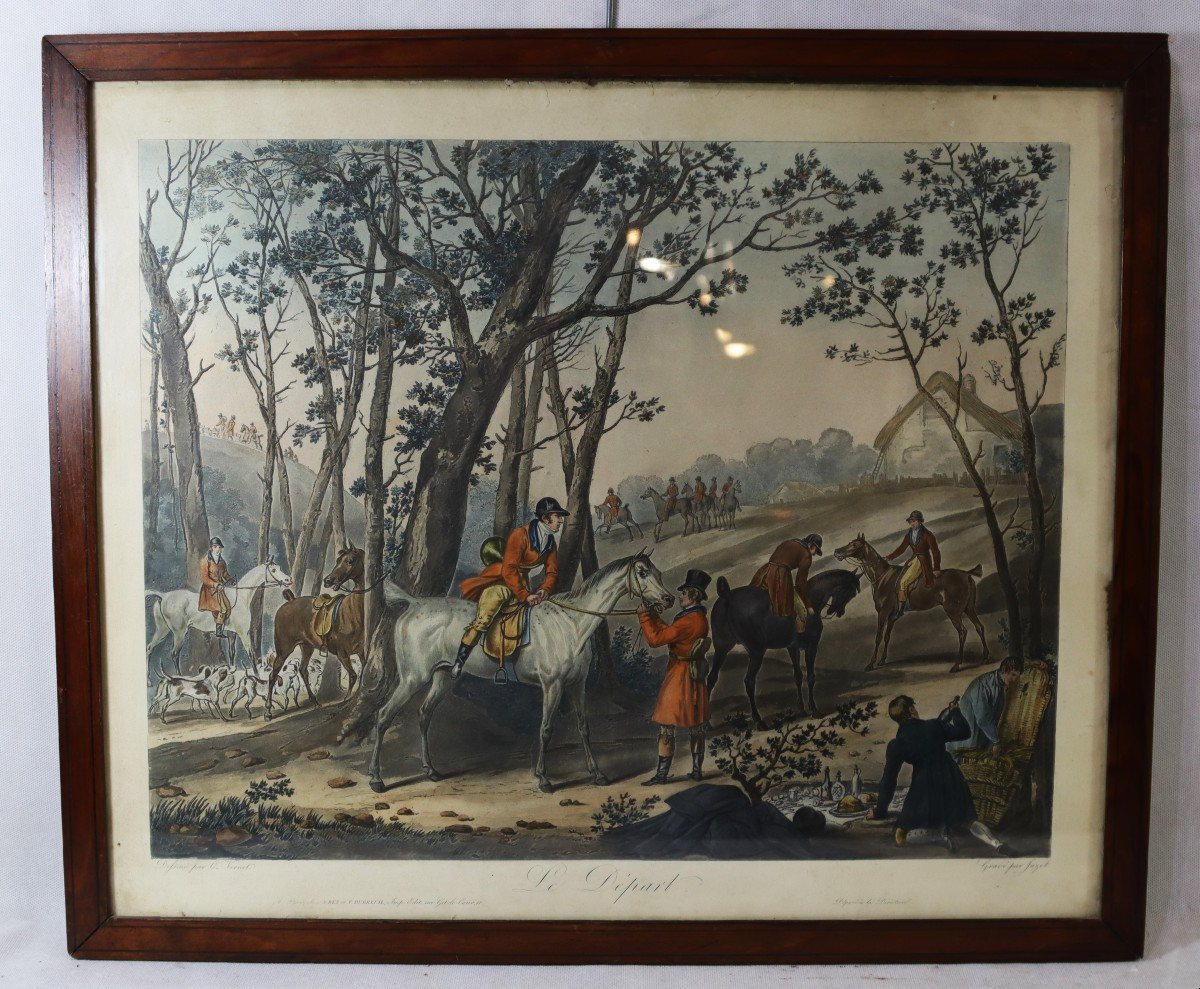 Carl Vernet d'Après  (1758-1838), Gravée Par Jazet " 4 Gravures Rehaussés Chasse à Courre XIXe-photo-4