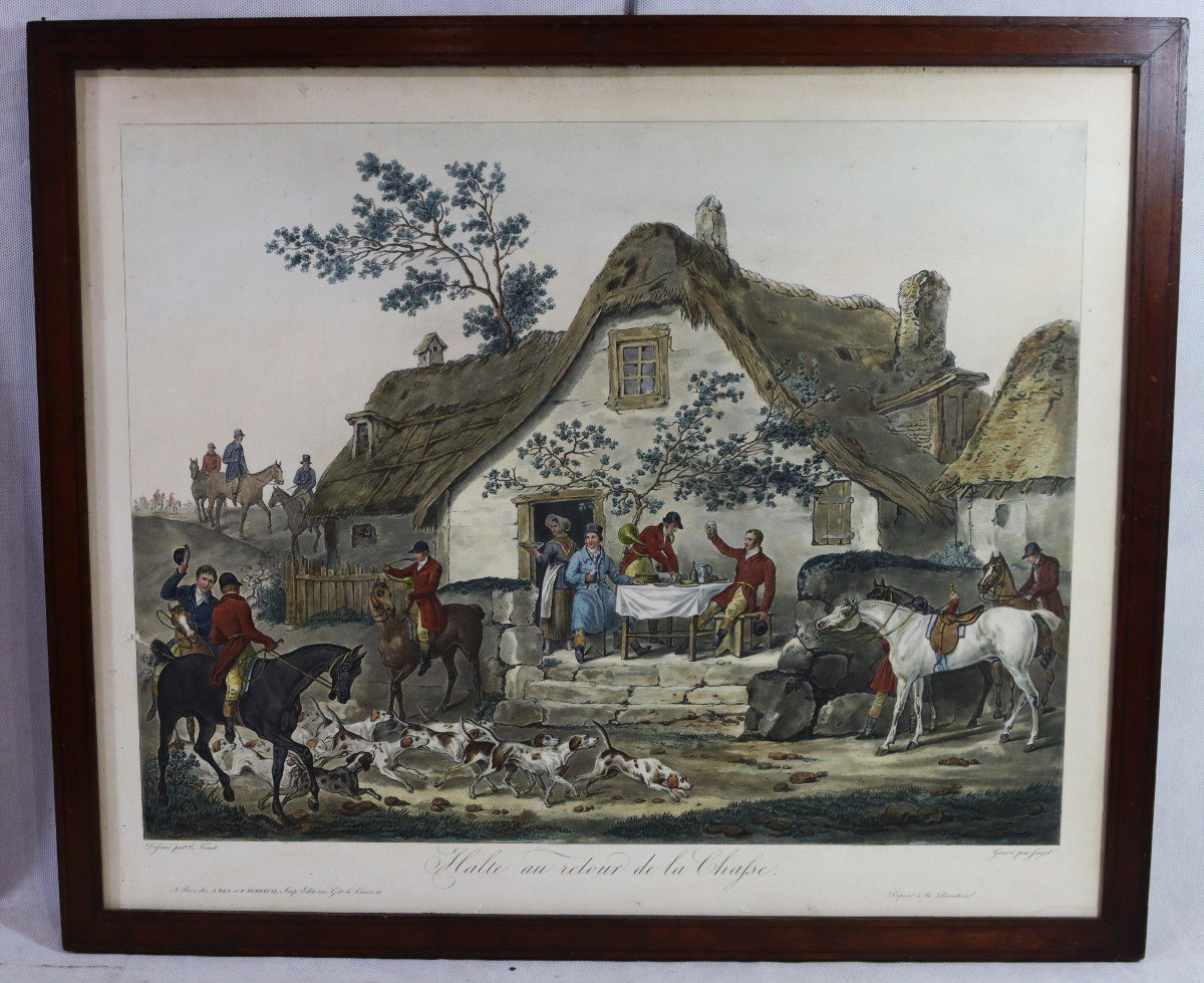 Carl Vernet d'Après  (1758-1838), Gravée Par Jazet " 4 Gravures Rehaussés Chasse à Courre XIXe-photo-1