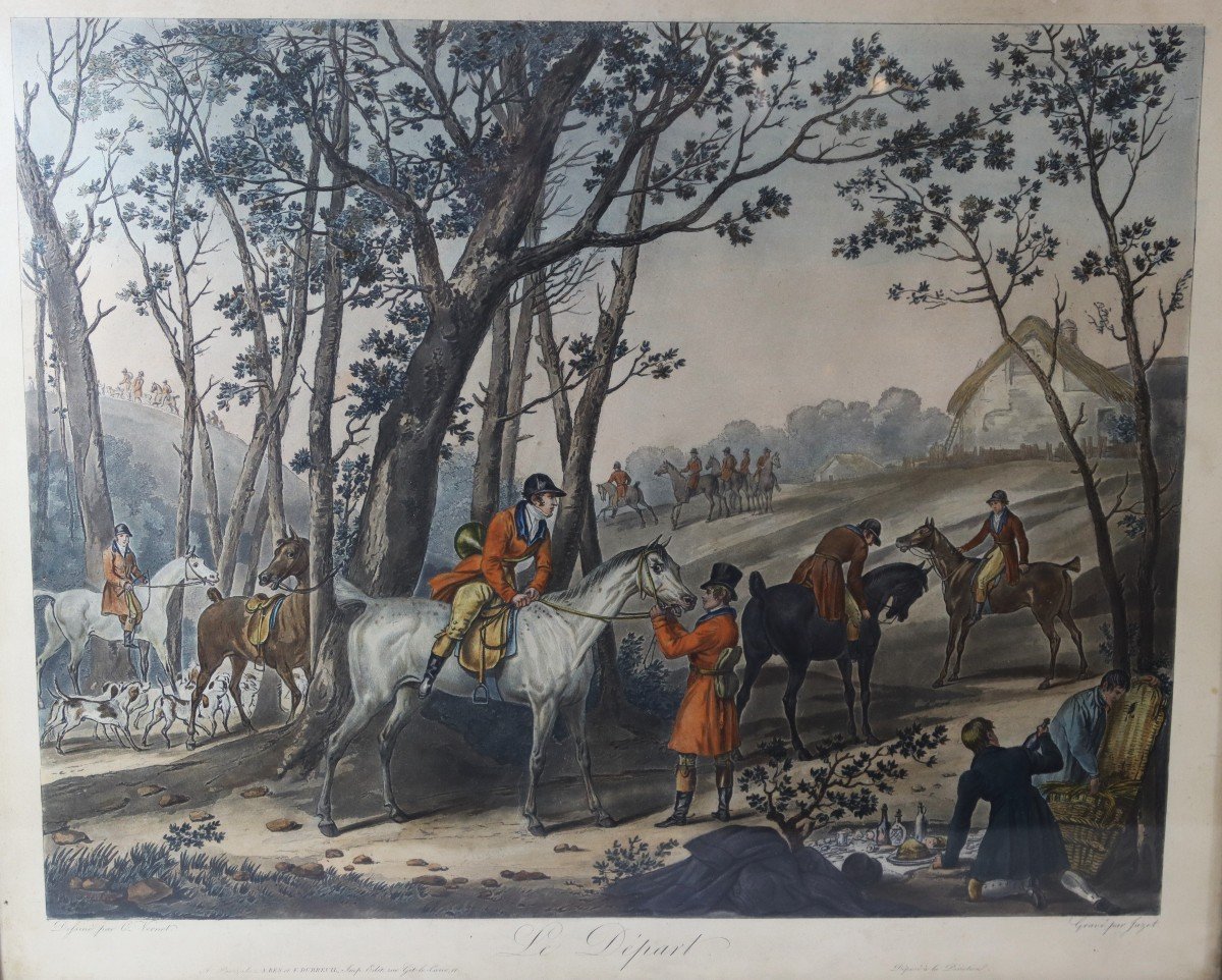 Carl Vernet d'Après  (1758-1838), Gravée Par Jazet " 4 Gravures Rehaussés Chasse à Courre XIXe-photo-2