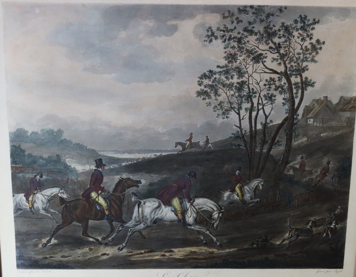 Carl Vernet d'Après  (1758-1838), Gravée Par Jazet " 4 Gravures Rehaussés Chasse à Courre XIXe-photo-4