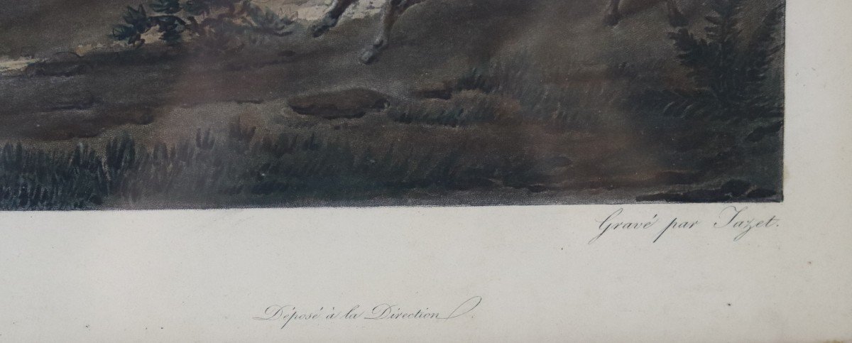 Carl Vernet d'Après  (1758-1838), Gravée Par Jazet " 4 Gravures Rehaussés Chasse à Courre XIXe-photo-6