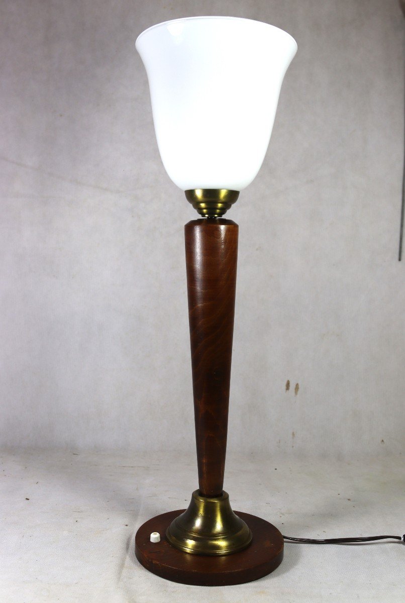 Lampe Mazda En Bois Et Opaline, Vers 1940-photo-2