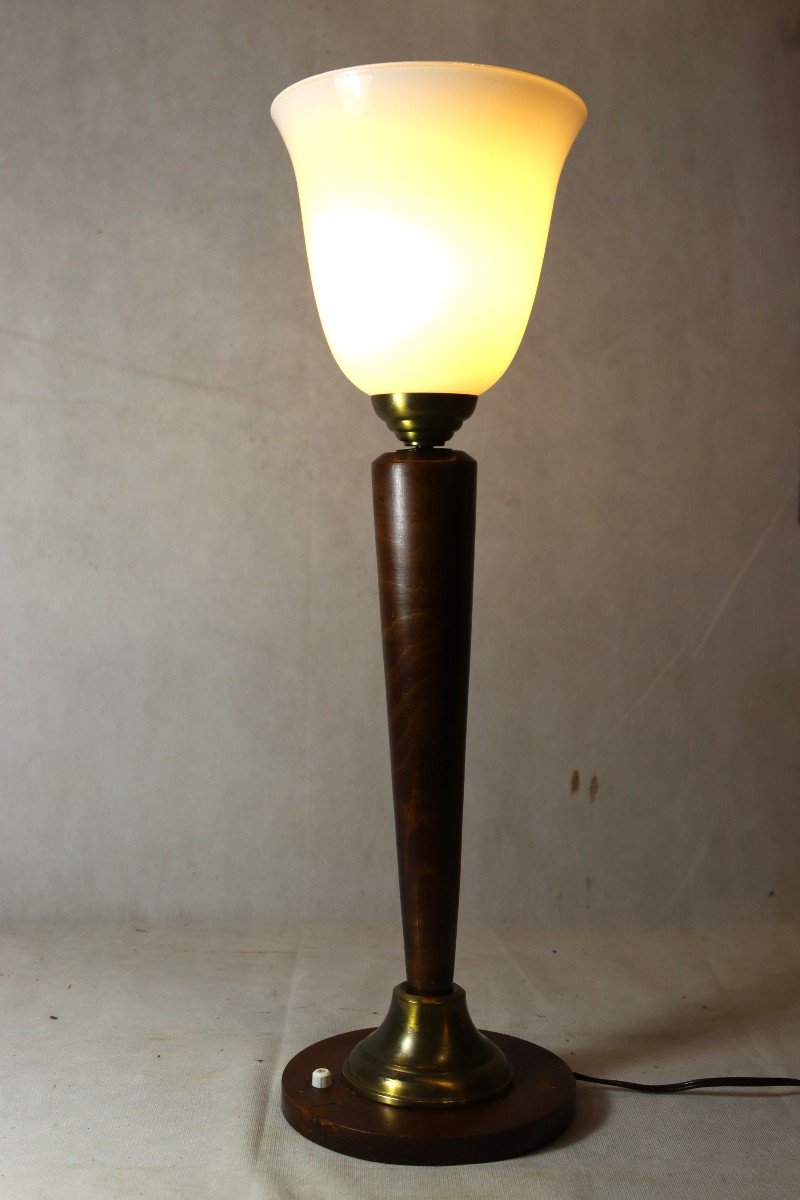 Lampe Mazda En Bois Et Opaline, Vers 1940