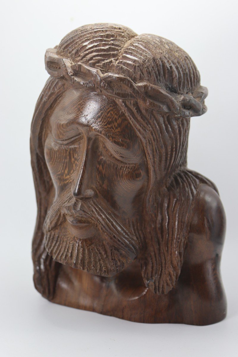 Ebony Head Of Christ Sculpture, 20th Century-photo-2