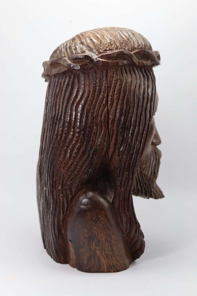 Ebony Head Of Christ Sculpture, 20th Century-photo-1