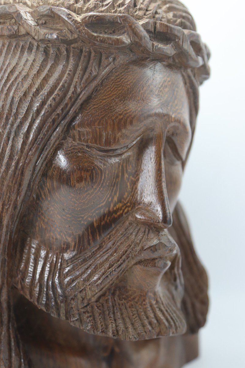 Ebony Head Of Christ Sculpture, 20th Century-photo-3