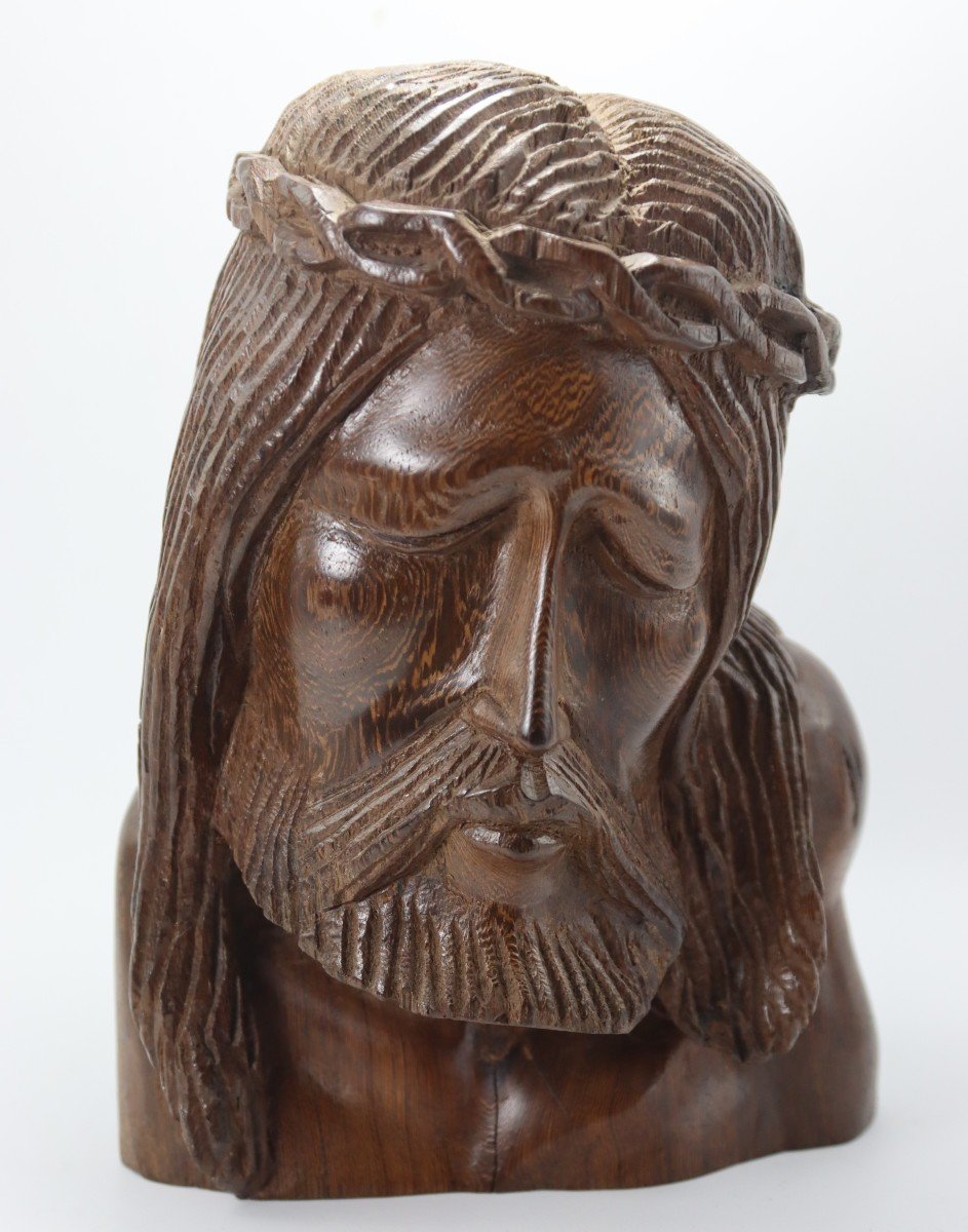 Ebony Head Of Christ Sculpture, 20th Century