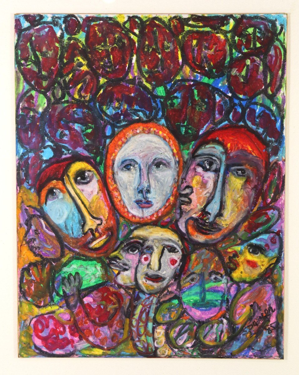 Spanier ( XXe), Gouache " Visages ", Signé Et Daté , XXe-photo-2