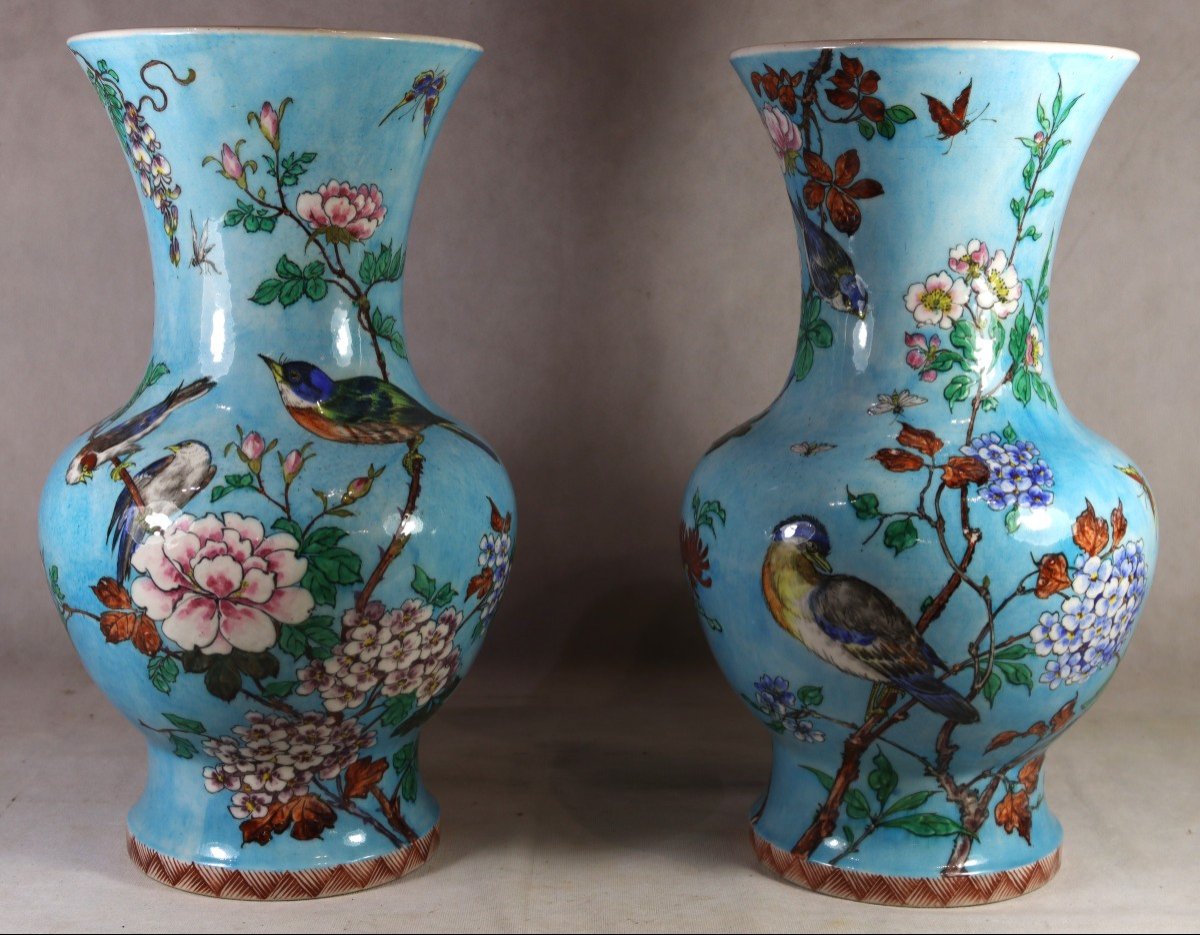 Théodore Deck (1823-1891), Important Pair Of Japanese Decor Vases, 19th Century