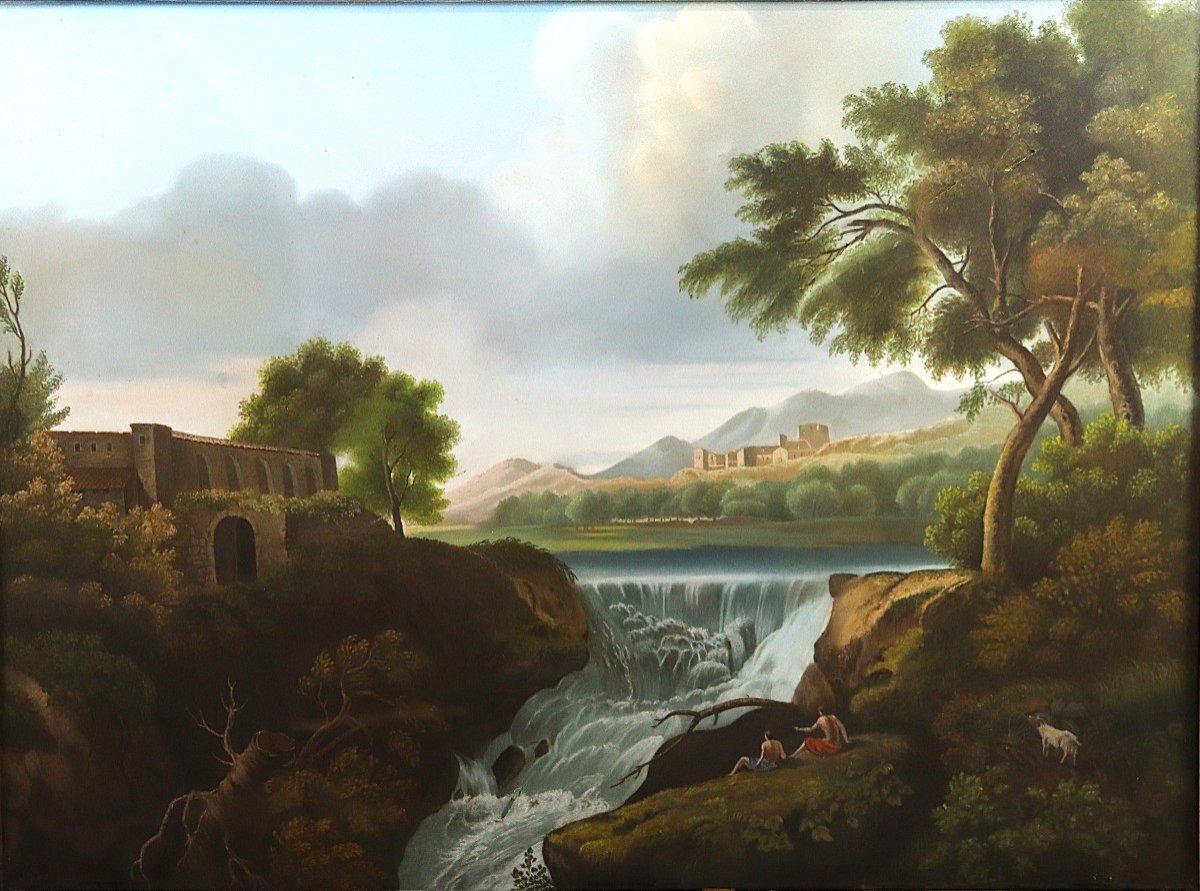 Important Pastel Painting Landscape Waterfall, Italy 19th Century-photo-2