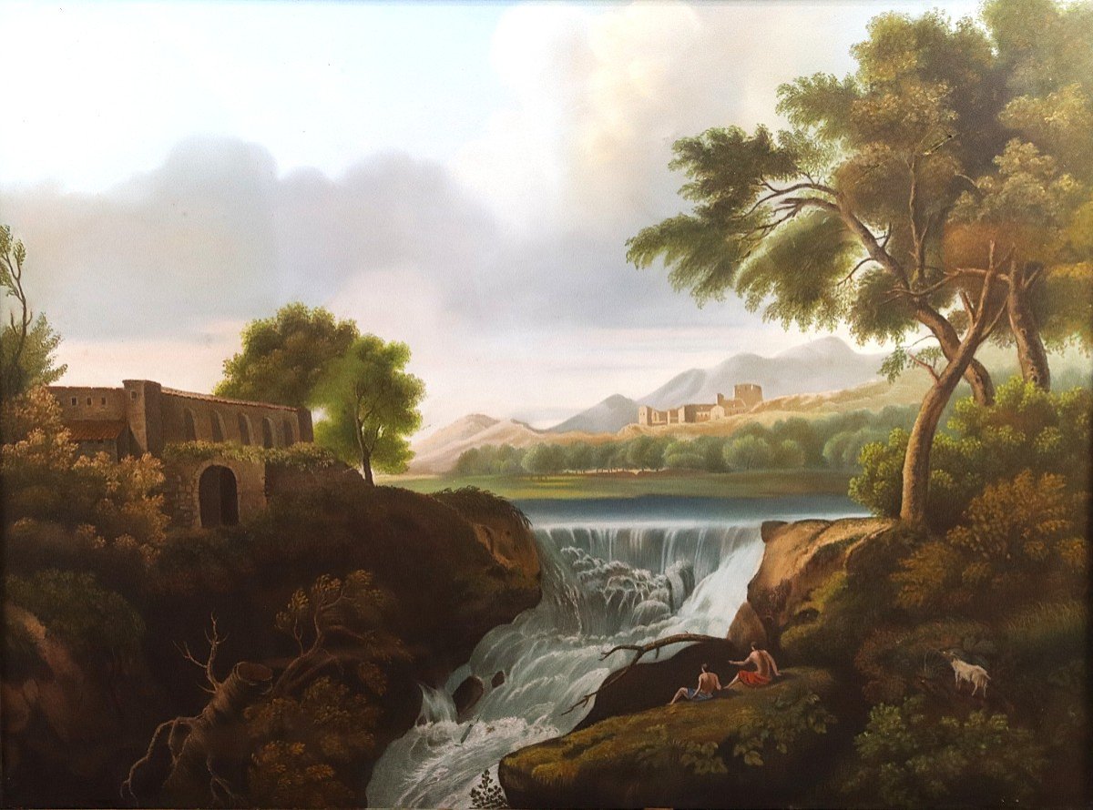 Important Pastel Painting Landscape Waterfall, Italy 19th Century-photo-3