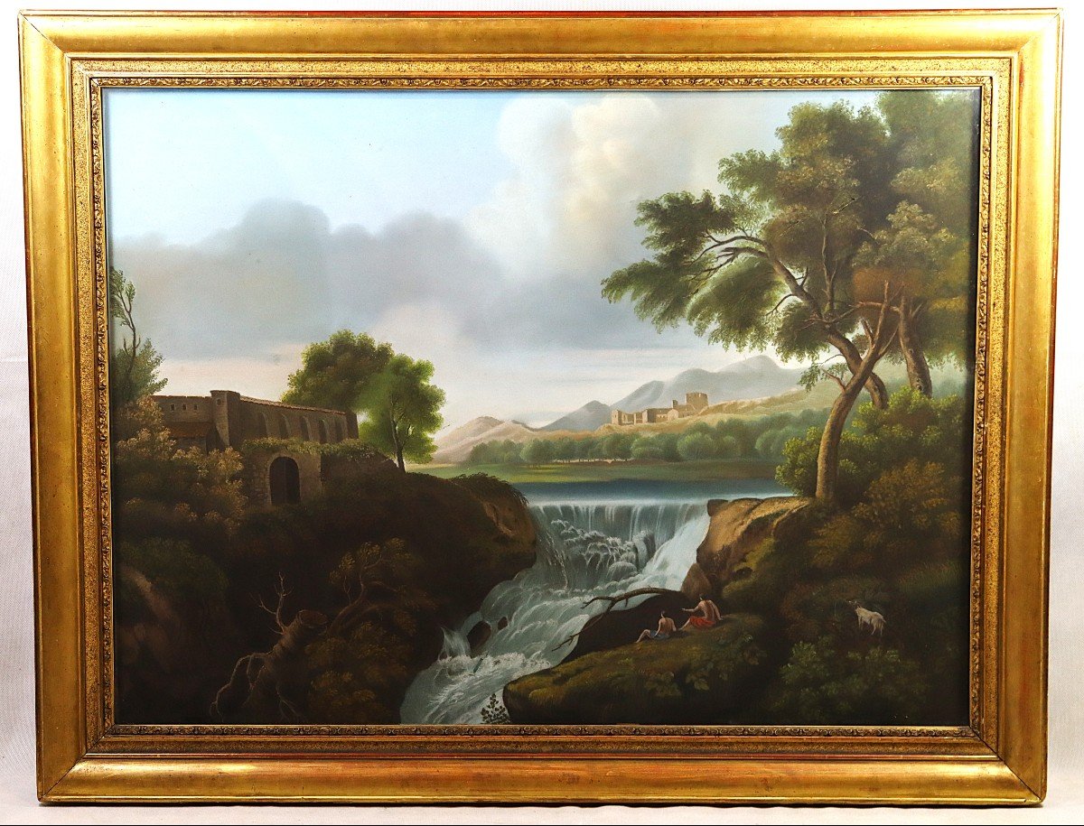 Important Pastel Painting Landscape Waterfall, Italy 19th Century